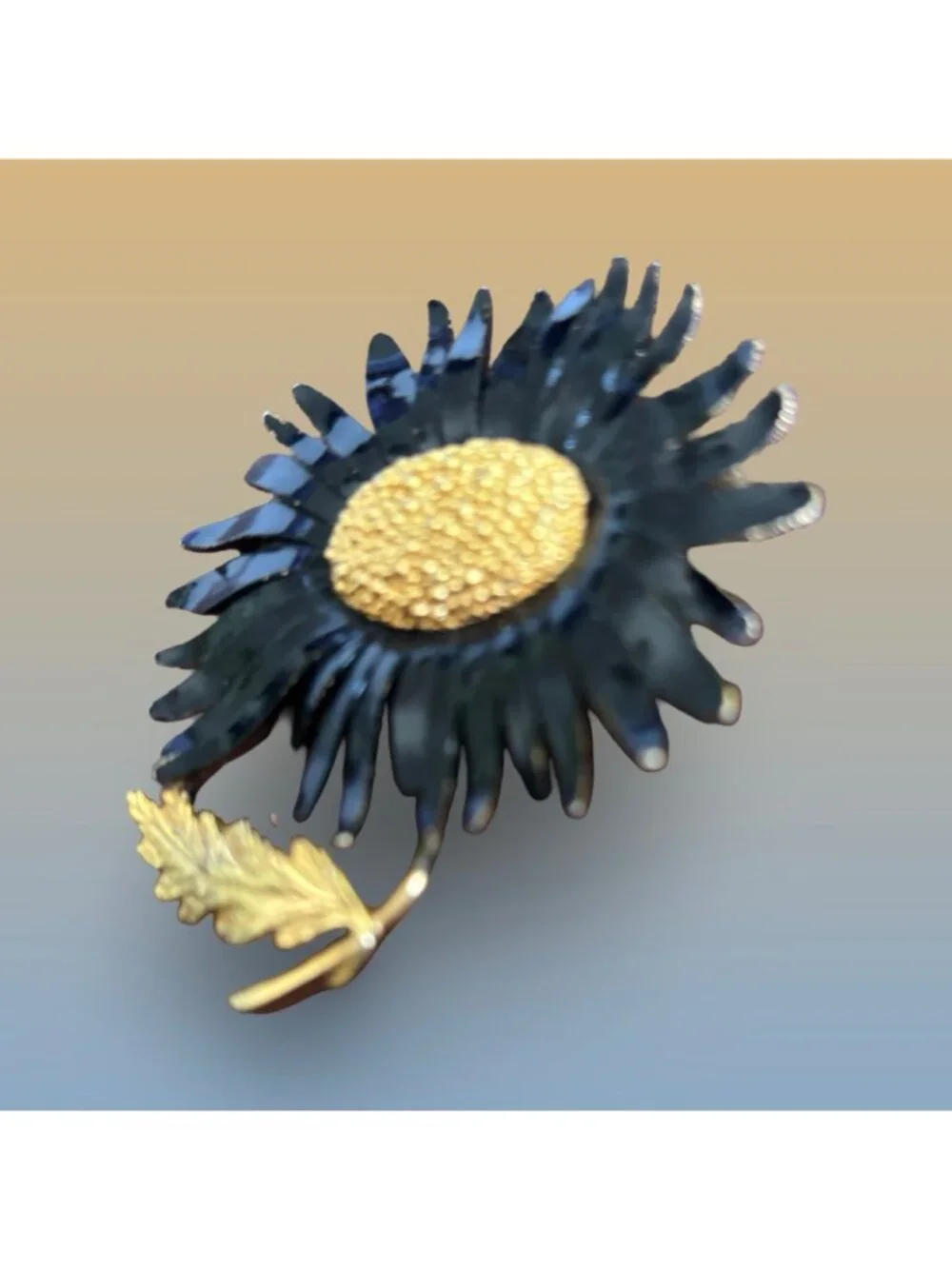 Vintage Marvella Black Enamel & Gold-Tone Sunflower Brooch Pin